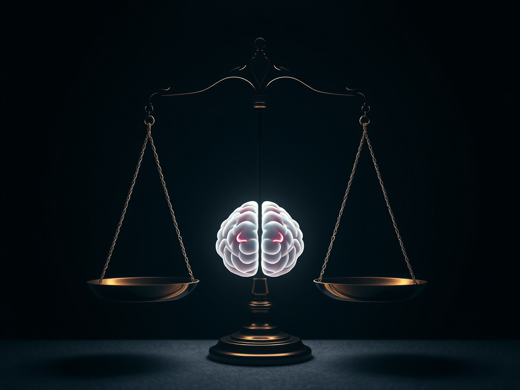 Bilancia della giustizia con un cervello luminoso al centro, simbolo dell’equilibrio tra etica razionale e impulso emotivo nelle decisioni morali future.