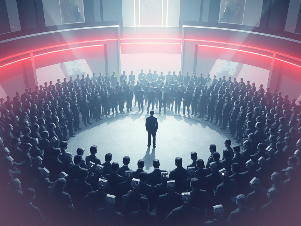 Rappresentazione concettuale di una folla che circonda un individuo isolato in uno spazio circolare, simbolo della gogna pubblica e dell’istinto tribale collettivo.