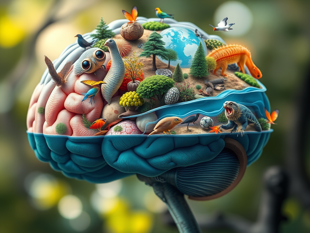 Cervello immerso nella biodiversità con animali, alberi e paesaggi: simbolo dell’interconnessione tra intelligenza animale ed ecosistemi naturali.