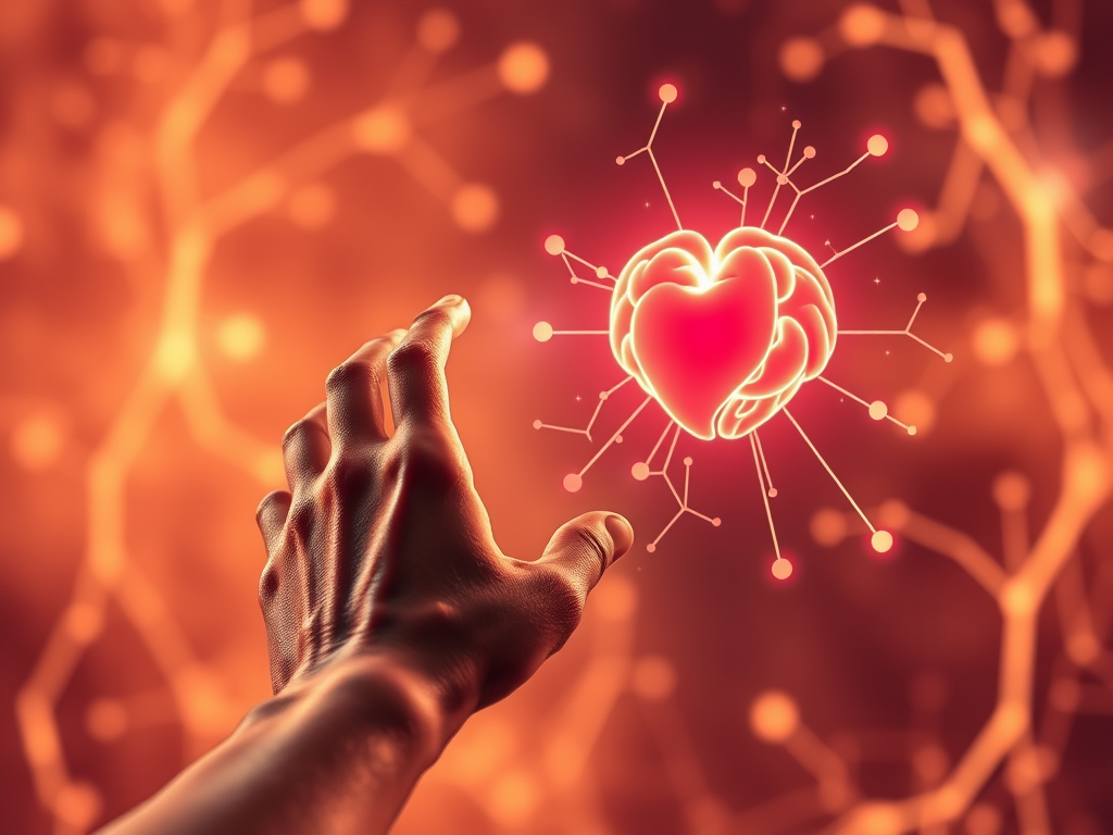 Interazione emozionale tra consumatore e love brand rappresentata da una mano che si protende verso un cervello a forma di cuore, connesso da una rete neurale
