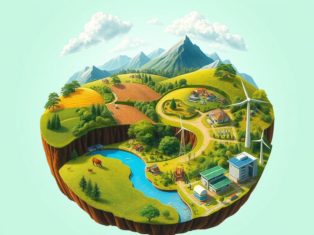 Rappresentazione visiva dei pilastri dello sviluppo sostenibile: agricoltura rigenerativa, economia circolare, turismo sostenibile, energie rinnovabili e tecnologie green.