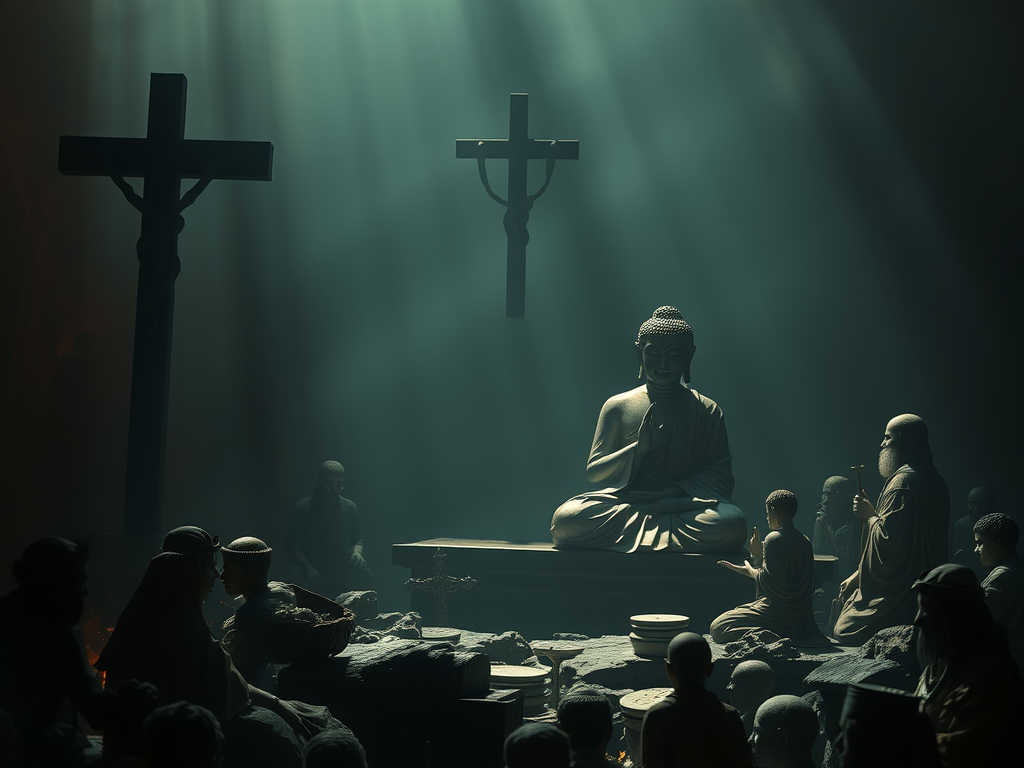 Iconografia simbolica delle principali religioni, con statue e croci illuminate da un fascio di luce, a rappresentare il dualismo tra spiritualità, coesione e controllo.