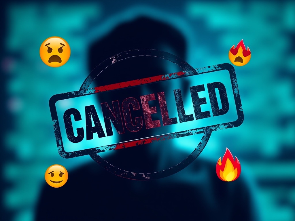 Illustrazione concettuale della cultura del cancel culture, con la scritta ‘CANCELLED’ ed emoji emotive a indicare l’intensità emotiva e il giudizio istintivo della rete.