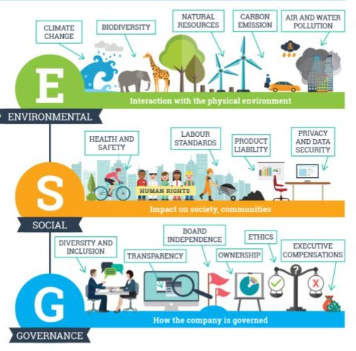 nfografica colorata dei tre pilastri ESG: Environmental, Social e Governance, con esempi concreti come biodiversità, diritti umani e trasparenza aziendale.