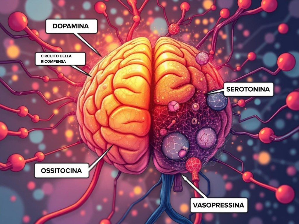 “Infografica illustrata dei principali neurotrasmettitori coinvolti nell’innamoramento: dopamina, serotonina, ossitocina e vasopressina, con indicazione del circuito della ricompensa cerebrale.