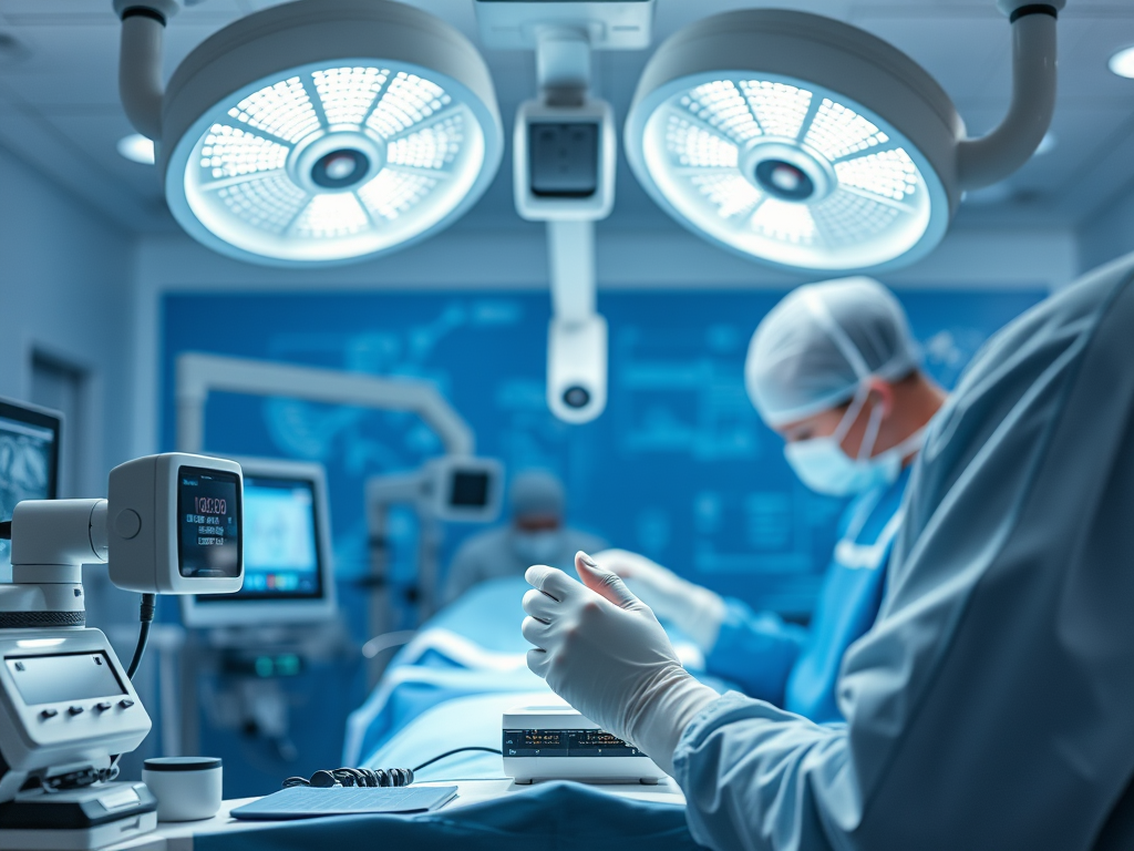 Equipe medica in sala operatoria high-tech con dispositivi avanzati e monitor digitali, simbolo dell’integrazione tra neuroscienze e intelligenza artificiale in medicina.