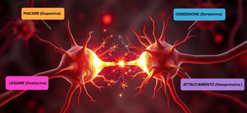 Illustrazione concettuale di due neuroni che si scambiano neurotrasmettitori dell’amore: dopamina, ossitocina, serotonina e vasopressina, con etichette colorate che indicano piacere, legame, ossessione e attaccamento.
