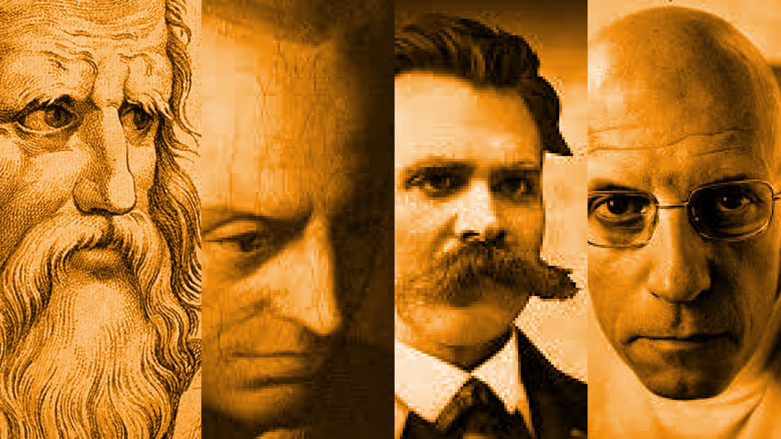 Ritratti dei filosofi Platone, Kant, Nietzsche e Foucault, a rappresentare le diverse visioni della giustizia e della punizione.