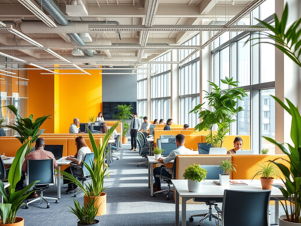 Ufficio moderno e luminoso con spazi condivisi, piante e persone al lavoro in un ambiente inclusivo e collaborativo.