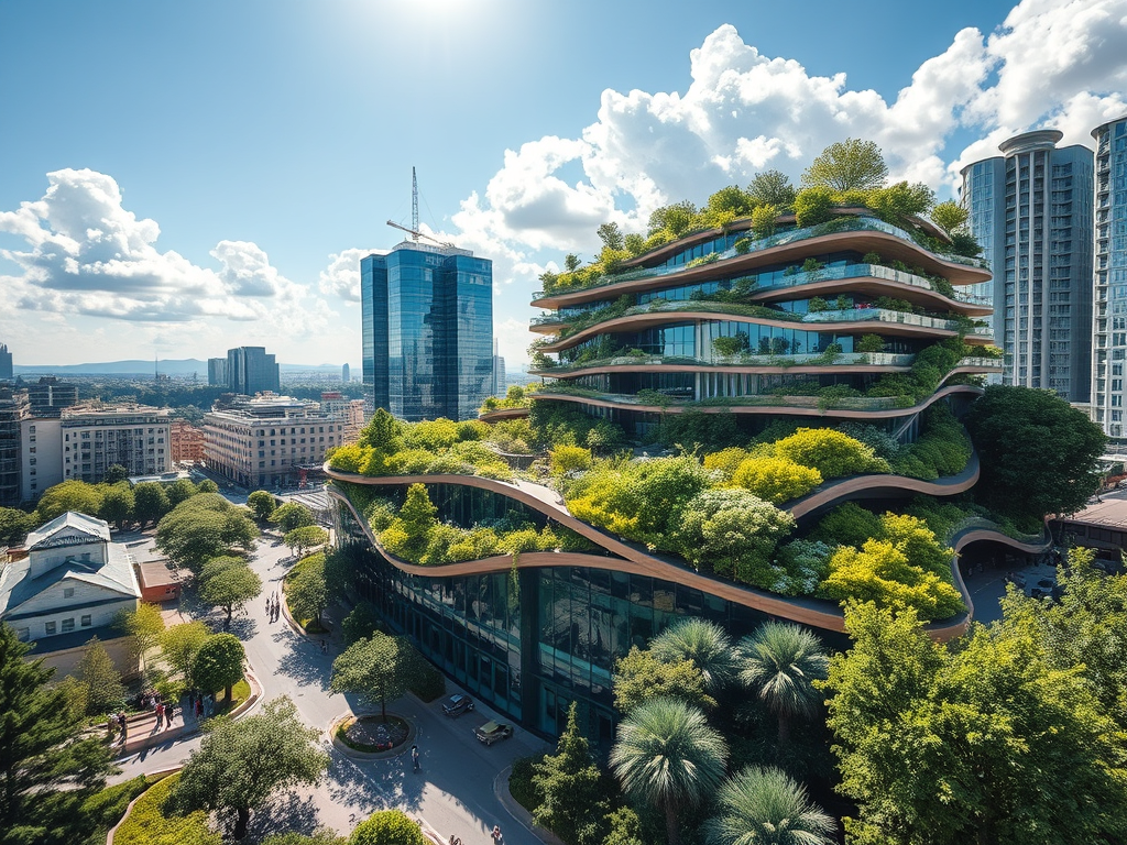 Edificio urbano con giardini pensili e architettura sostenibile in un contesto metropolitano. Simbolo di integrazione tra innovazione, ambiente e società.