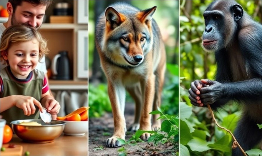 «Illustrazione che mostra apprendimento parallelo tramite imitazione e gioco: un bambino che impara a cucinare osservando un adulto, un lupo che apprende tecniche di caccia imitando gli adulti del branco e uno scimpanzé che utilizza uno strumento osservando gli adulti.
