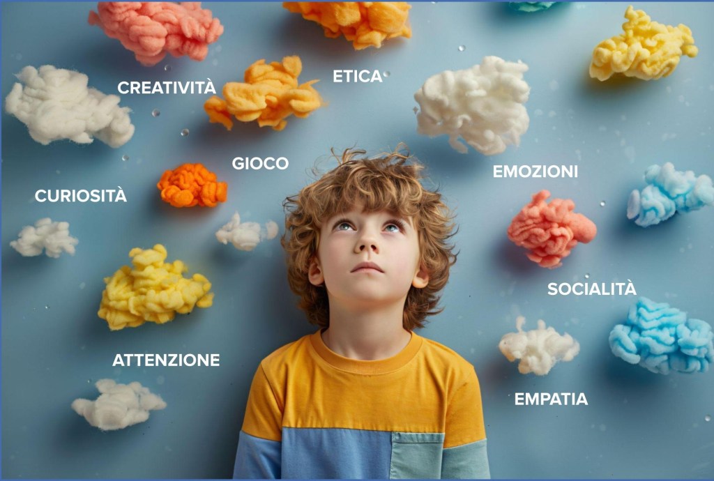 Immagine evocativa di un bambino circondato da nuvole colorate con parole chiave educative: creatività, etica, emozioni, gioco, socialità, curiosità, attenzione ed empatia.