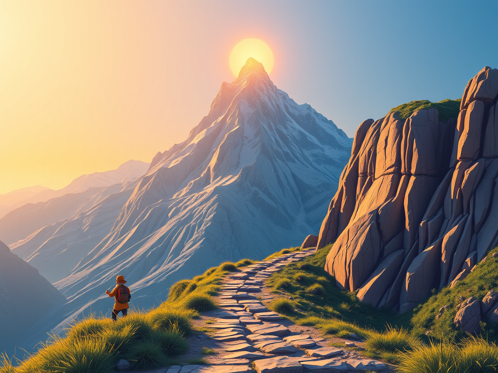 Sentiero di montagna che conduce a una vetta illuminata dal sole, simbolo del percorso educativo verso crescita, resilienza e consapevolezza.