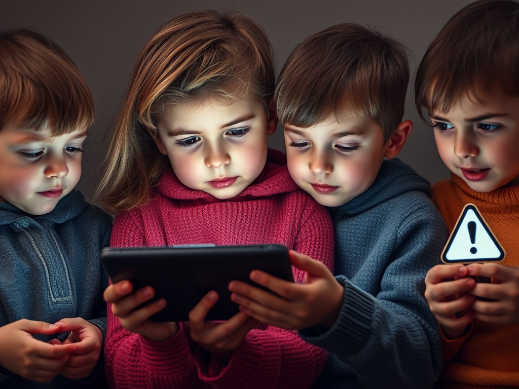 «Foto evocativa di bambini ipnotizzati da uno schermo digitale, con simbolo di avvertenza, rappresenta i rischi dell’iperstimolazione digitale e la necessità di sviluppare pensiero critico.