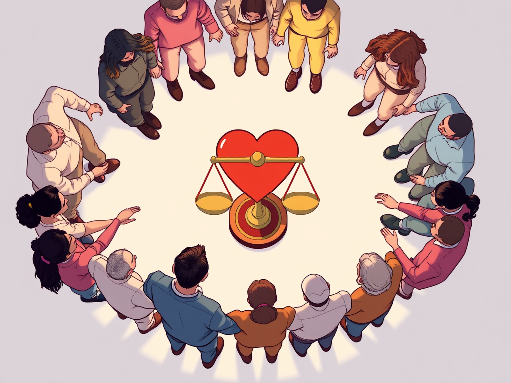 «Illustrazione simbolica che mostra persone diverse unite in cerchio attorno a una bilancia con cuore centrale, rappresentando l'equilibrio morale, l'etica, il senso di comunità e l'appartenenza.